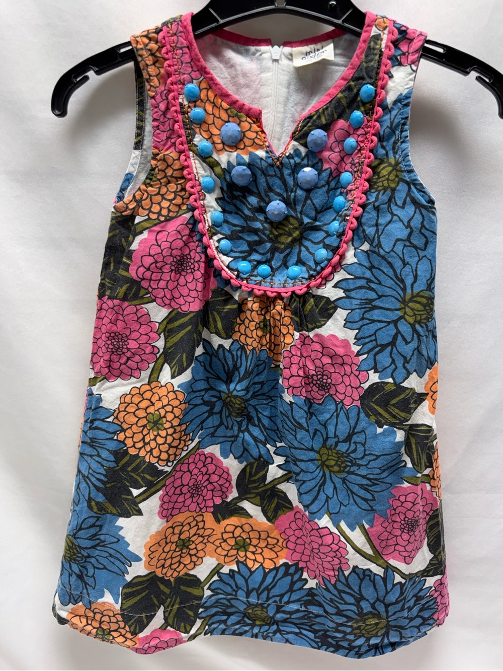 MINI BODEN Girls Blue Pink Floral Beaded Sleeveless Lined Cotton Zip Dress 7-8Y